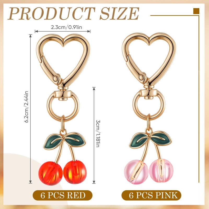Equsion 12 Pcs Cherry Keychain Bag Purse Charms Handbags Keyrings Gifts for Women Mother Cherry Party Favors Accessories(Transparent Red, Pink) - Image 2