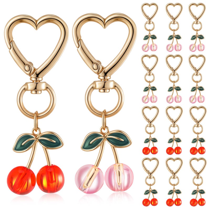 Equsion 12 Pcs Cherry Keychain Bag Purse Charms Handbags Keyrings Gifts for Women Mother Cherry Party Favors Accessories(Transparent Red, Pink) - Image 1