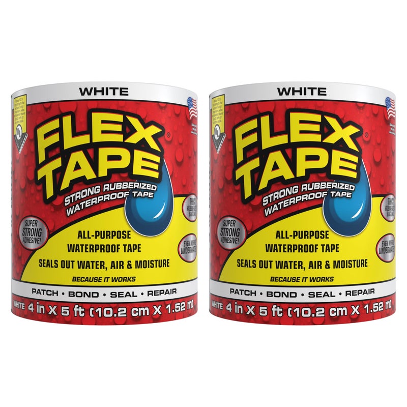 Flex Seal Flex Tape, Original Thick Flexible Rubberized Waterproof Tape - Seal and Patch Leaks, Works Underwater, Indoor Outdoor - Home RV Roof Plumbing and Pool Repairs, White, 4 in x 5 ft, Pack of 2 - Image 1