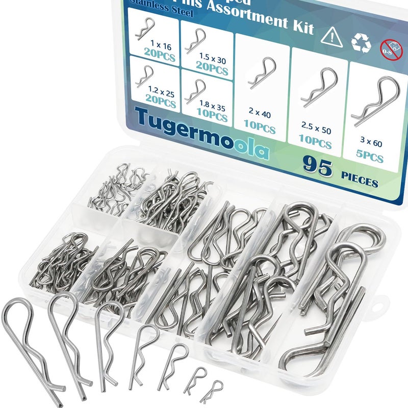Tugermoola 95Pcs 7 Sizes Stainless Steel Hitch Pin Clip Assortment Kit R Shaped Cotter Pins Fastener Clips Ola031 - Image 1