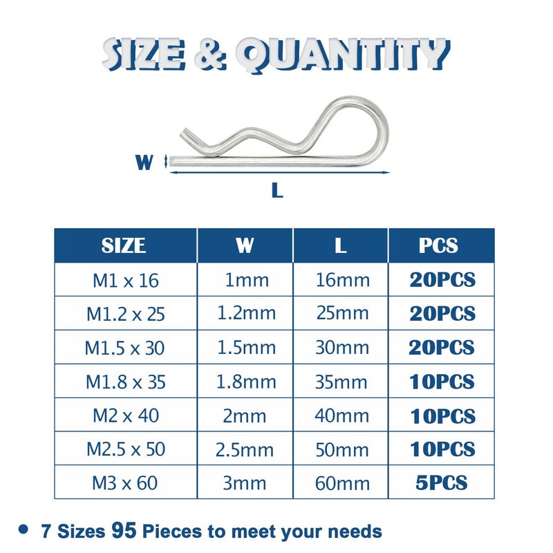 Tugermoola 95Pcs 7 Sizes Stainless Steel Hitch Pin Clip Assortment Kit R Shaped Cotter Pins Fastener Clips Ola031 - Image 2