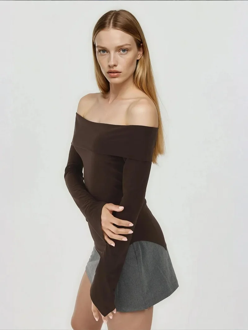 HICCUP Elegant Off-Shoulder Long Sleeve Slim Fit Asymmetric Top