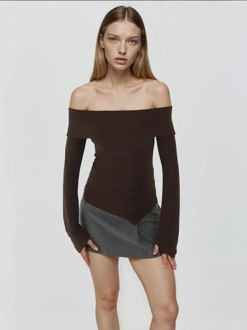 HICCUP Elegant Off-Shoulder Long Sleeve Slim Fit Asymmetric Top