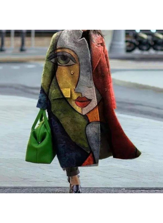 New European And American Autumn Women's Long Sleeve Lapel Coat Printed Woolen Cloth Large Size Windbreaker