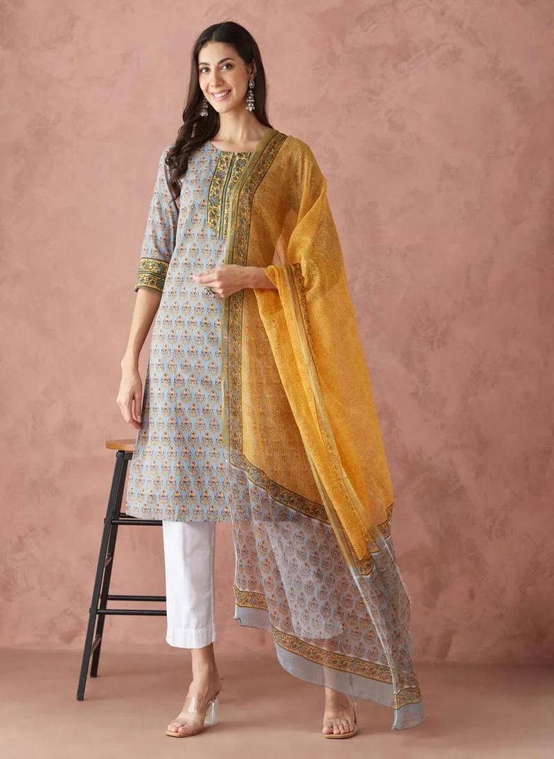 فاب انديا Blue Cotton Printed Dupatta & Kurta