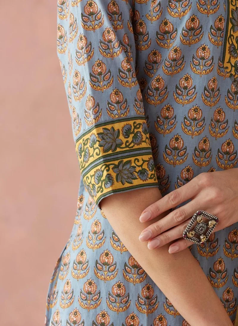 فاب انديا Blue Cotton Printed Dupatta & Kurta