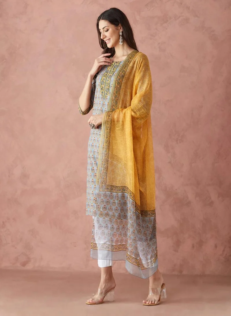 فاب انديا Blue Cotton Printed Dupatta & Kurta