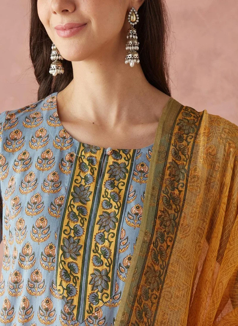 فاب انديا Blue Cotton Printed Dupatta & Kurta