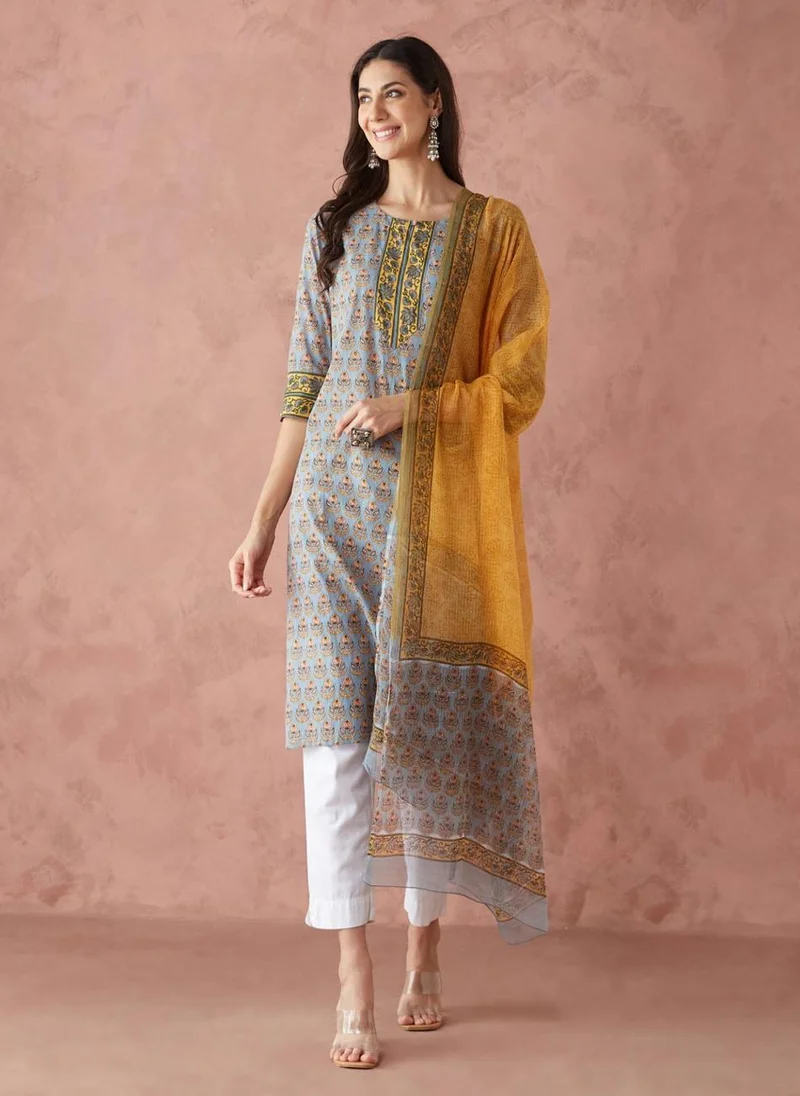 فاب انديا Blue Cotton Printed Dupatta & Kurta