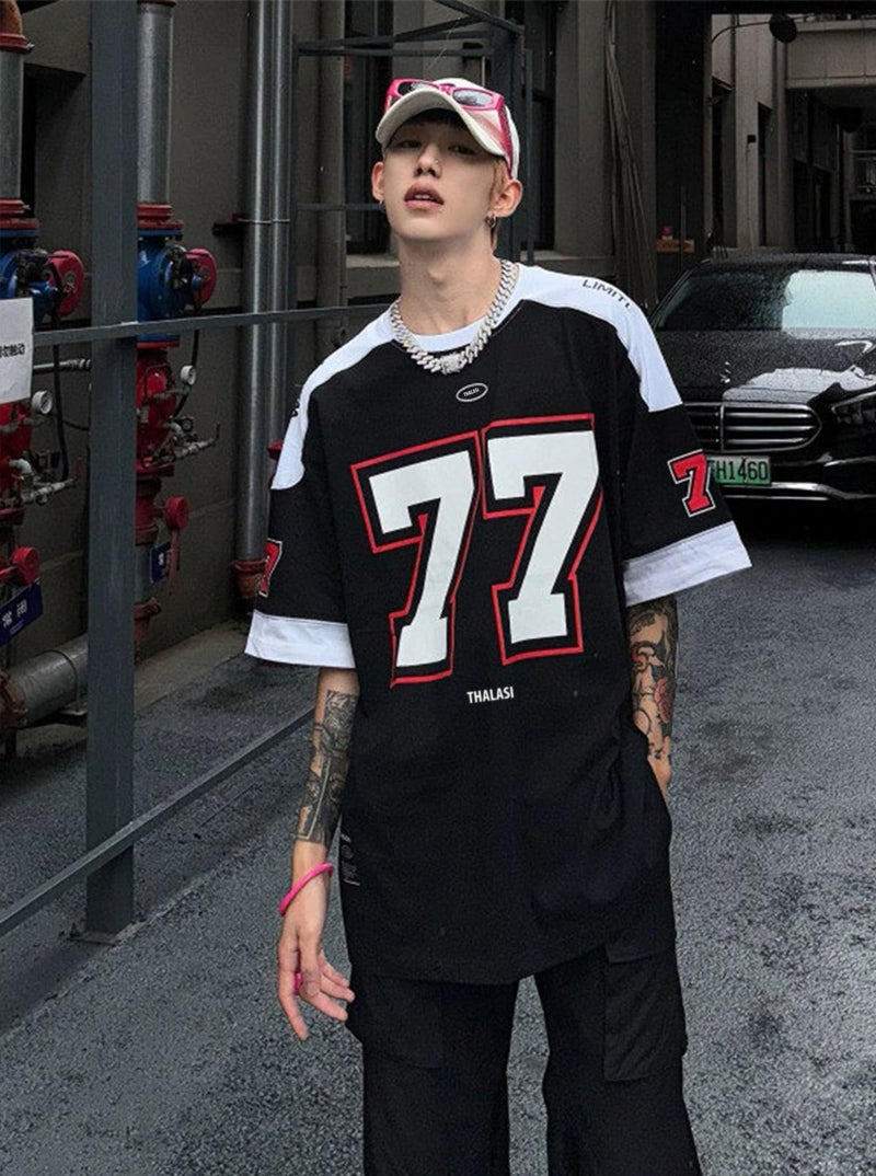 THALASI Men Cotton Jersey Aesthetic Oversized T shirt for Men | Sports Jerseys T-shirts & Half Sleeve Round Neck Printed Tshirt for Men - Down Shoulder Loose & Baggy Fit Korean T shirts for Man & Boys - Image 2