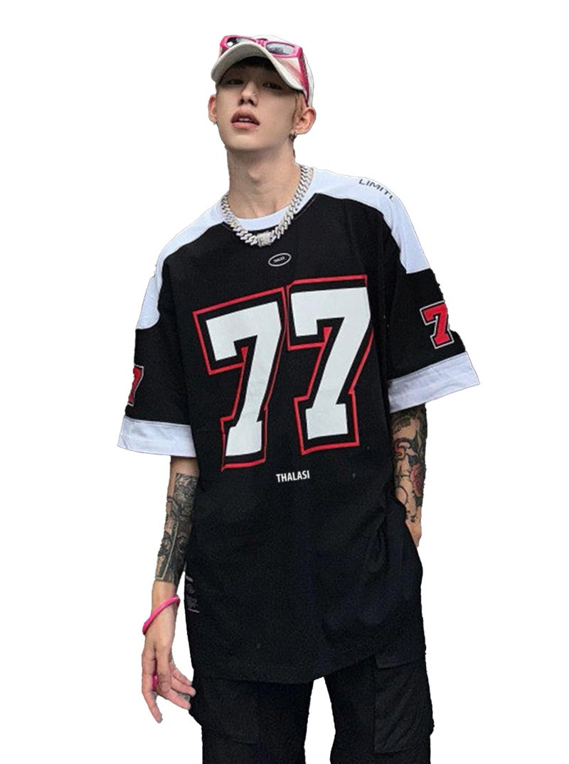 THALASI Men Cotton Jersey Aesthetic Oversized T shirt for Men | Sports Jerseys T-shirts & Half Sleeve Round Neck Printed Tshirt for Men - Down Shoulder Loose & Baggy Fit Korean T shirts for Man & Boys - Image 1