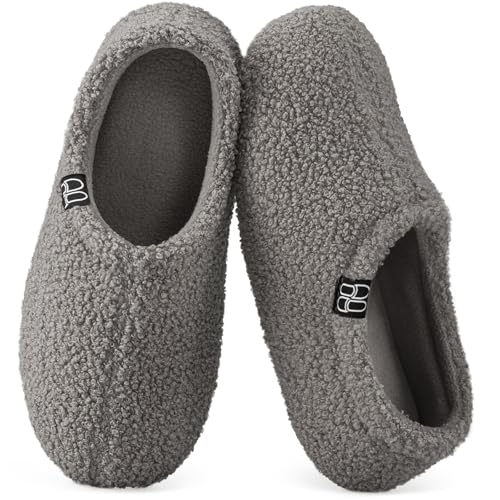 HomeTop Women's Fuzzy Curly Fur Memory Foam Loafer Slippers Bedroom House Shoes with Polar Fleece Lining (6.5, Grey) - Image 1
