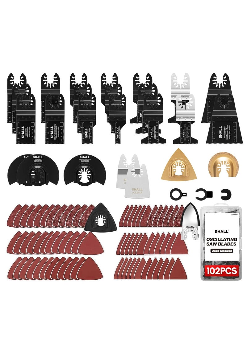 SHALL - 102PCS Multitool Blades, Oscillating Multi Tool Accessories kits, HCS & Bi-Metal Blades, Sanding Pad, Sandpaper, Scraper, Carbide Grit Rasp, Dremel/Bosch/C-Clip Adapter, Storage Case Included - Image 1
