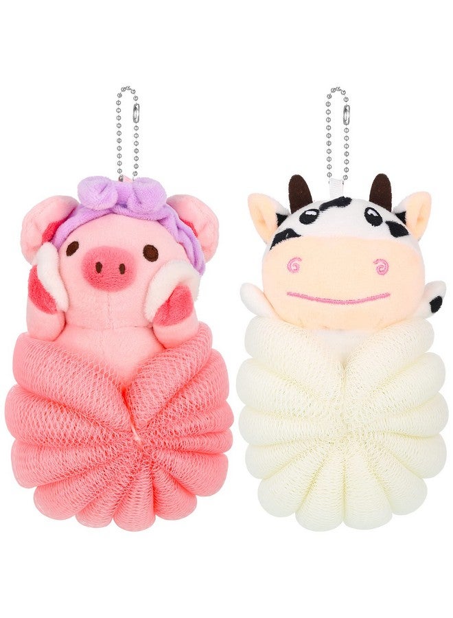 Vesici 2 Pcs Bath Sponge Kids Body Shower Loofah Cute Animal Loofah Sponge Cartoon Shower Loofah Colorful Baby Bath Pouf Mesh For Toddler Children Adults Gifts Shower Washing Exfoliating (Pig Cow) - Image 1