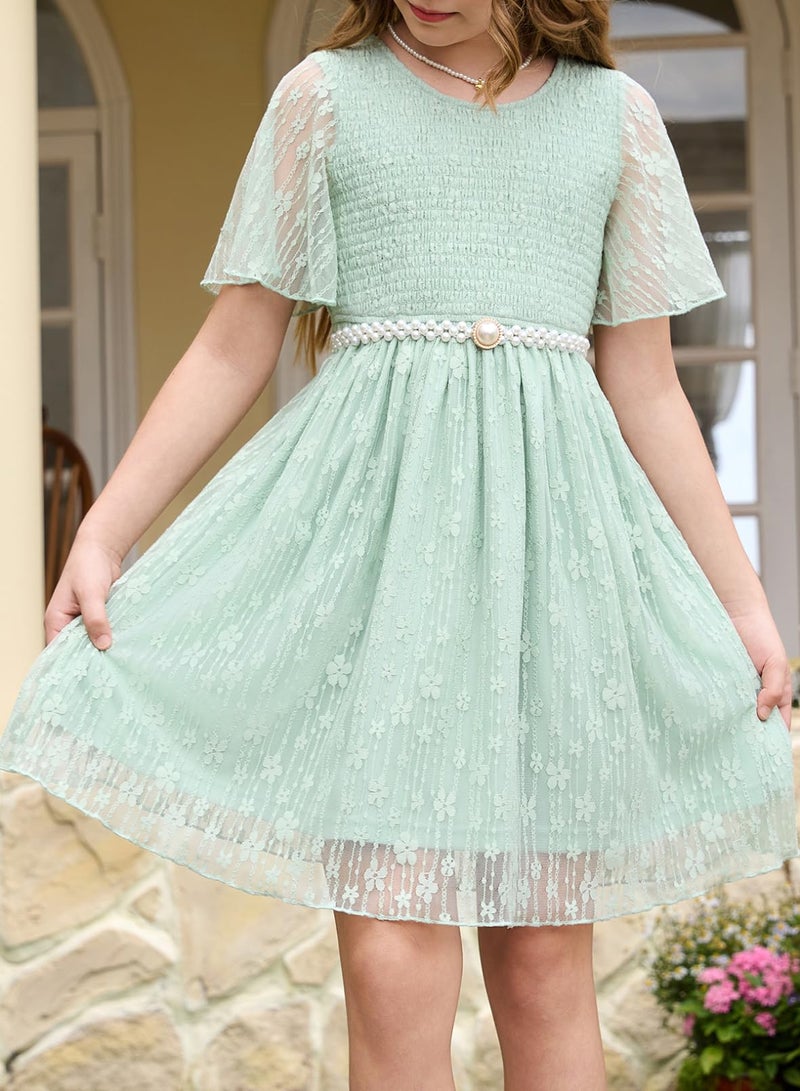 blibean Girls Summer Short Sleeve Dresses Big Kid Lace Ruffle Semi Formal Dress Solid Casual Fancy Boho Flare Party Wedding Guest Dance Clothes Dressy Outfit Size 10-11 Year Old Sage Green - Image 3
