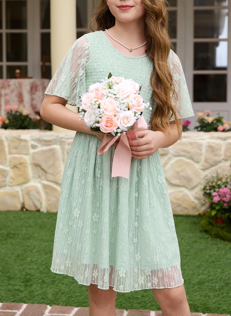 blibean Girls Summer Short Sleeve Dresses Big Kid Lace Ruffle Semi Formal Dress Solid Casual Fancy Boho Flare Party Wedding Guest Dance Clothes Dressy Outfit Size 10-11 Year Old Sage Green - Image 5