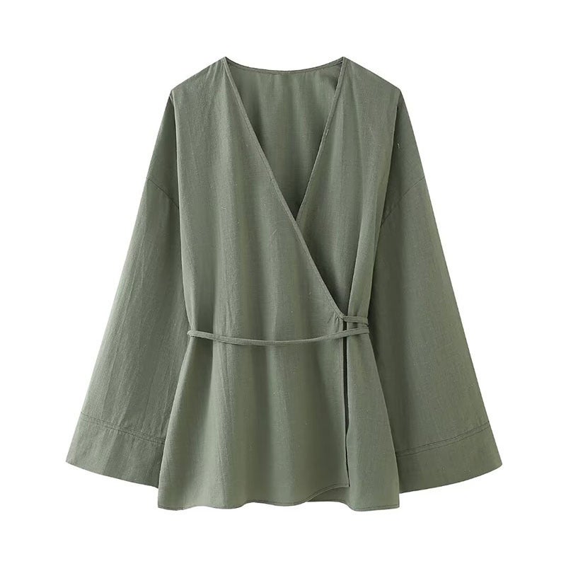 Amazon womens wholesale 2024 new double placket comfortable linen kimono pants suit women green top