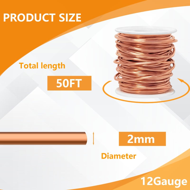 Acuteye 99.9% Pure Copper Wire, 12 Gauge(2mm) 50FT(15.24m) Soft Copper Wire Craft Wire for Electroculture, Gardening, Jewelry Making, DIY, Plants - Image 2