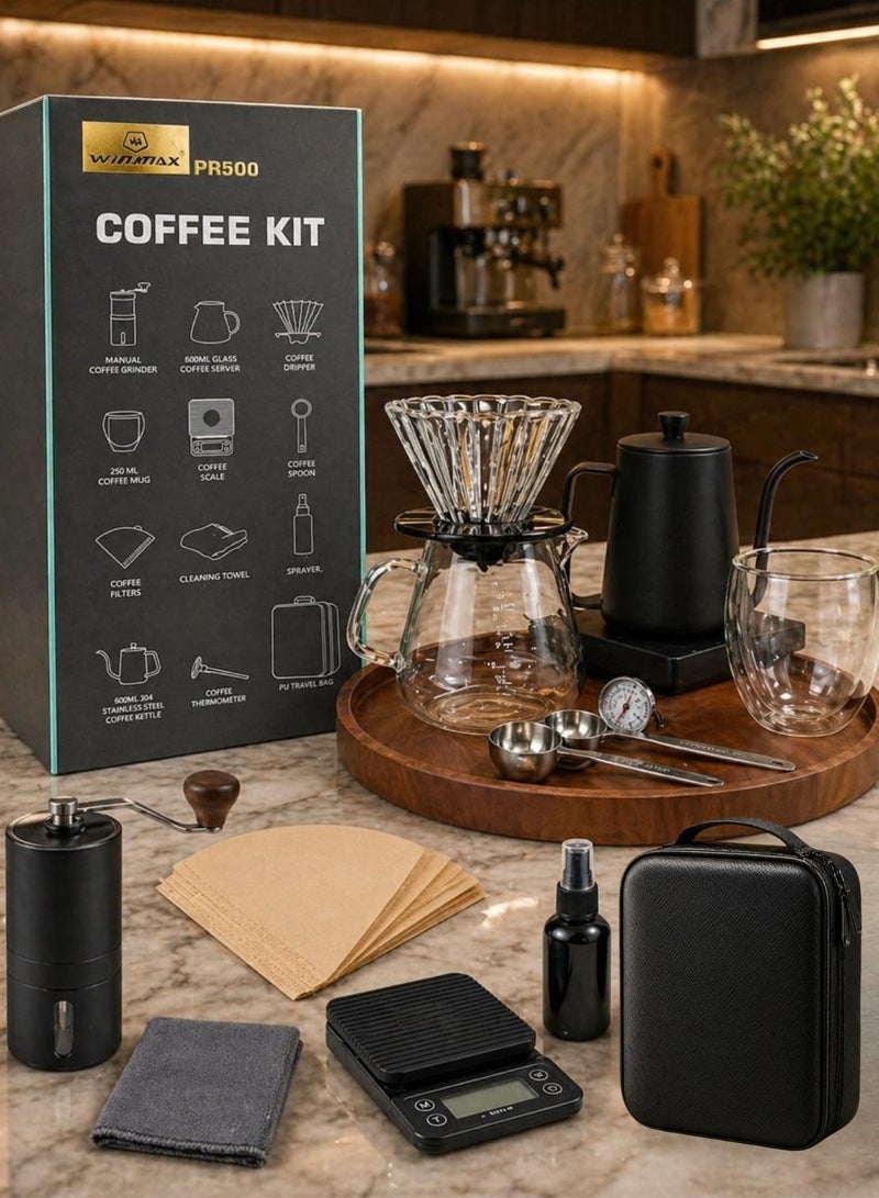 Winmax 12 In 1 Coffee Maker Set, Pour Over Drip Coffee Set, Coffee Serving Sets, Travel Coffee Kit with Coffee Grinder,600ML Glass Coffee Server, Coffee Dripper, 250ML Coffee Mug, Coffee Scale, Coffee Spoon, Coffee Filters, Cleaning Towel, Sprayer, 600ML Stainless Steel Coffee Kettle, Coffee Thermometer,Travel Bag ((Gift Bag)) - Image 2