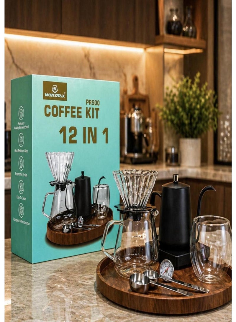 Winmax 12 In 1 Coffee Maker Set, Pour Over Drip Coffee Set, Coffee Serving Sets, Travel Coffee Kit with Coffee Grinder,600ML Glass Coffee Server, Coffee Dripper, 250ML Coffee Mug, Coffee Scale, Coffee Spoon, Coffee Filters, Cleaning Towel, Sprayer, 600ML Stainless Steel Coffee Kettle, Coffee Thermometer,Travel Bag ((Gift Bag)) - Image 1
