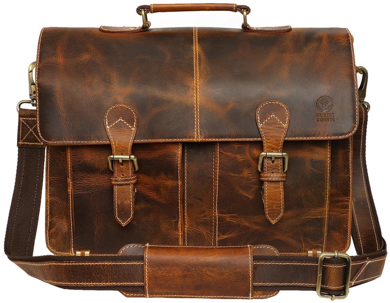 RUSTIC TOWN Handcrafted 16-inch Brown Leather Shoulder Briefcase Messenger Bags Men's 15.6 inch Laptop Satchel - Image 1