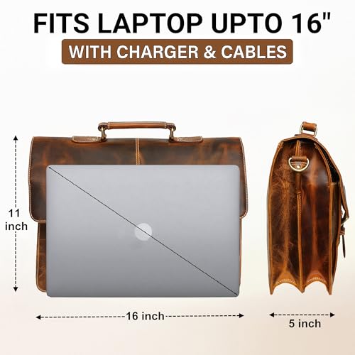 RUSTIC TOWN Handcrafted 16-inch Brown Leather Shoulder Briefcase Messenger Bags Men's 15.6 inch Laptop Satchel - Image 2