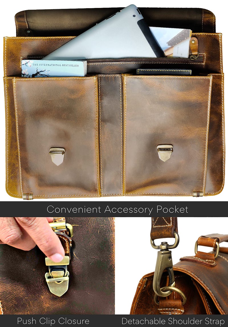 RUSTIC TOWN Handcrafted 16-inch Brown Leather Shoulder Briefcase Messenger Bags Men's 15.6 inch Laptop Satchel - Image 3