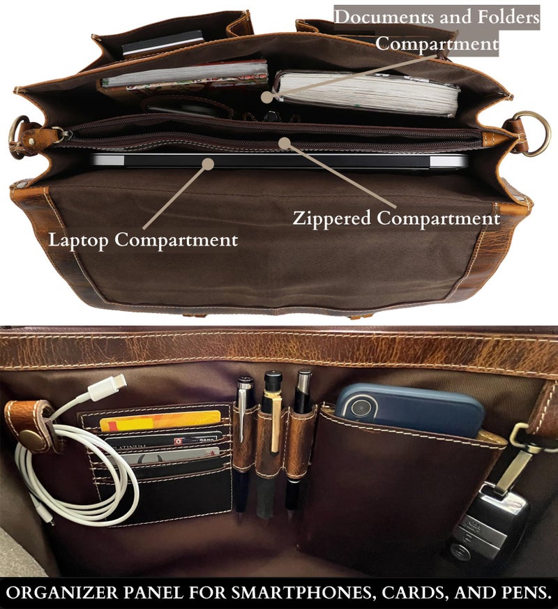 RUSTIC TOWN Handcrafted 16-inch Brown Leather Shoulder Briefcase Messenger Bags Men's 15.6 inch Laptop Satchel - Image 4