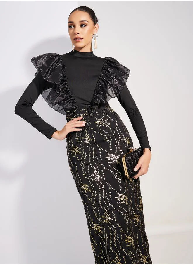 Styli Styli Foil Print Ruffled Trim Sheath Midi Dress
