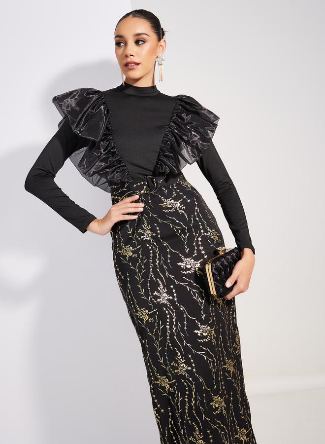 Styli Styli Foil Print Ruffled Trim Sheath Midi Dress  - Image 2