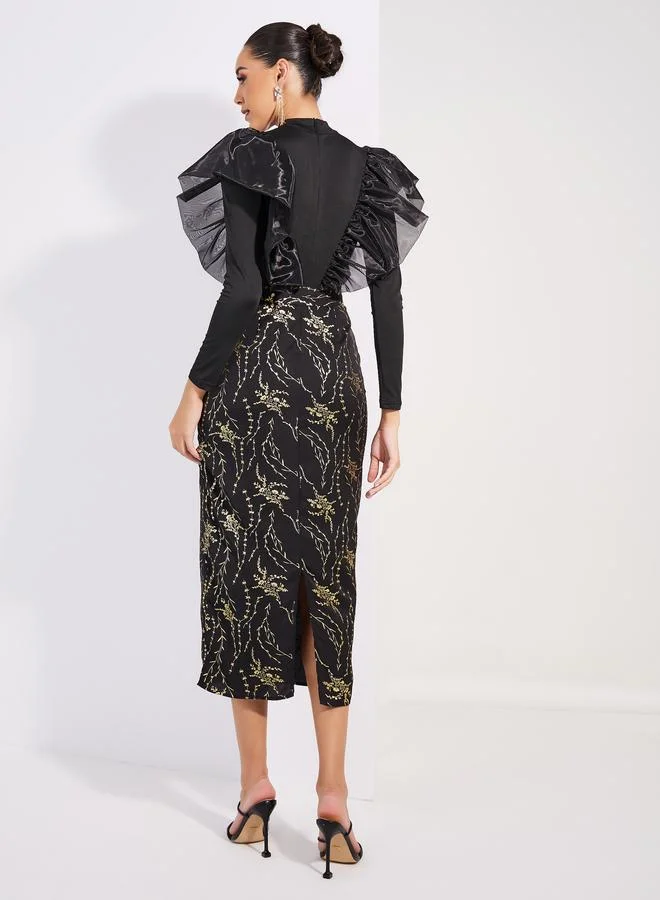 Styli Styli Foil Print Ruffled Trim Sheath Midi Dress