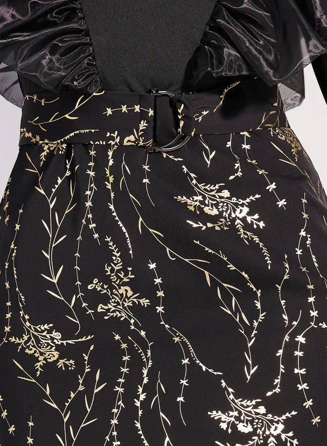Styli Styli Foil Print Ruffled Trim Sheath Midi Dress