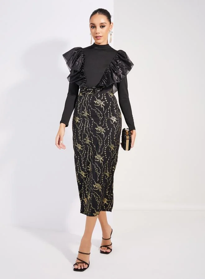 Styli Styli Foil Print Ruffled Trim Sheath Midi Dress