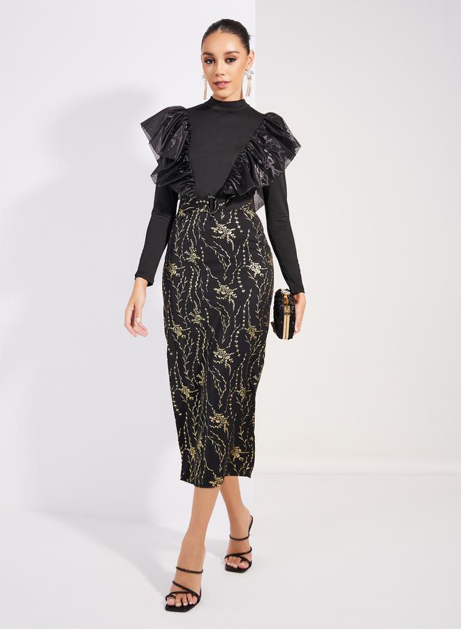 Styli Styli Foil Print Ruffled Trim Sheath Midi Dress  - Image 5