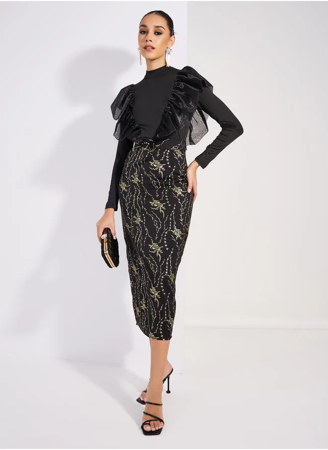 Styli Styli Foil Print Ruffled Trim Sheath Midi Dress