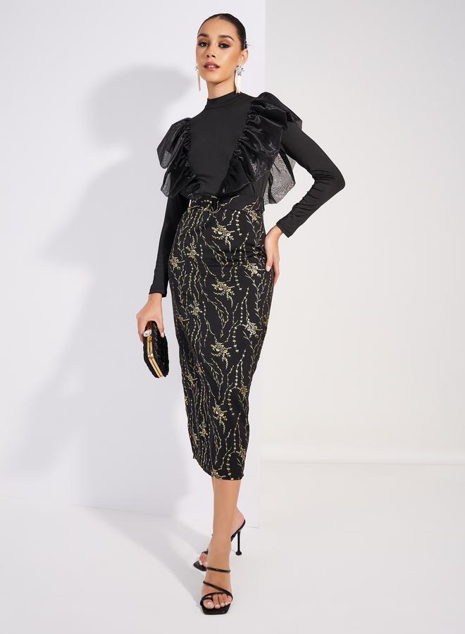 Styli Styli Foil Print Ruffled Trim Sheath Midi Dress  - Image 1