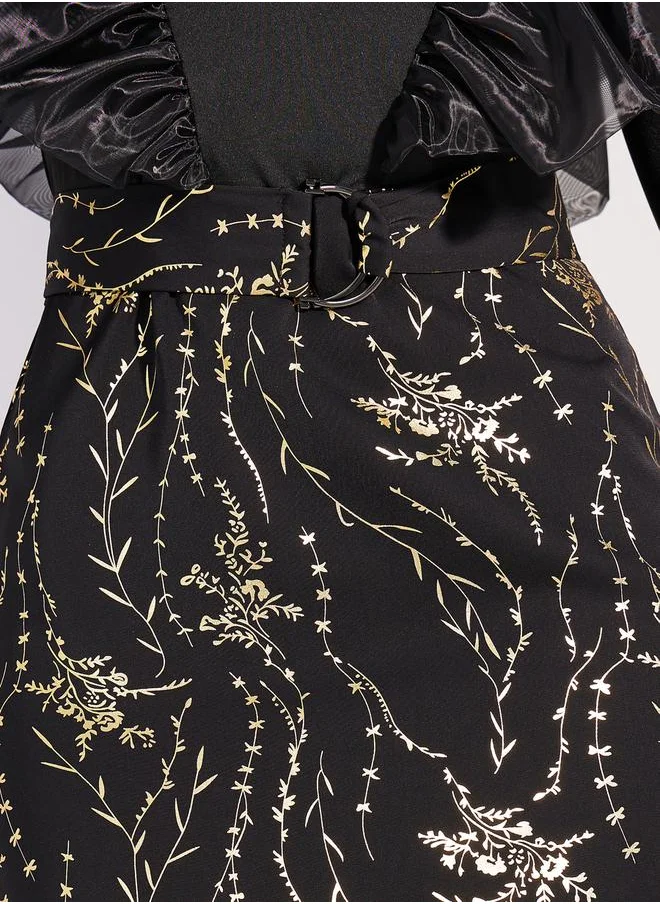 Styli Foil Print Ruffled Trim Sheath Midi Dress