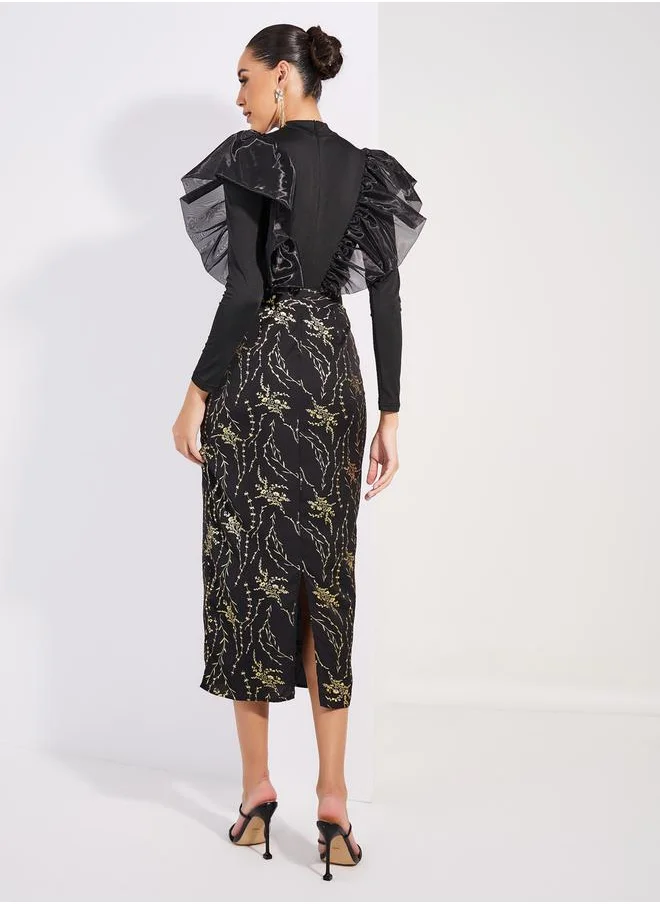 Styli Foil Print Ruffled Trim Sheath Midi Dress