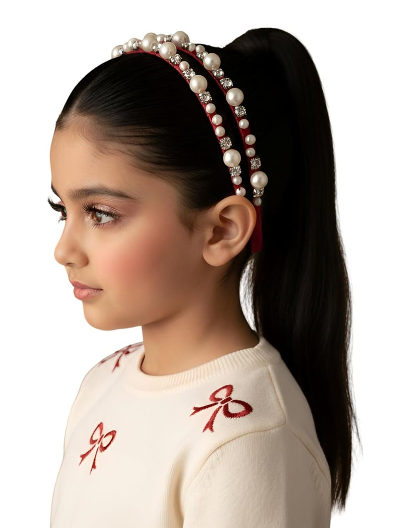 Choko Beaded Accent Dual Xmas Hairband in Festive Santa Red | Christmas Kids Hair Accessory for Girls | Double Row Holiday Headband | Simple Elegant Party Accessory for Toddlers & Children - Image 1