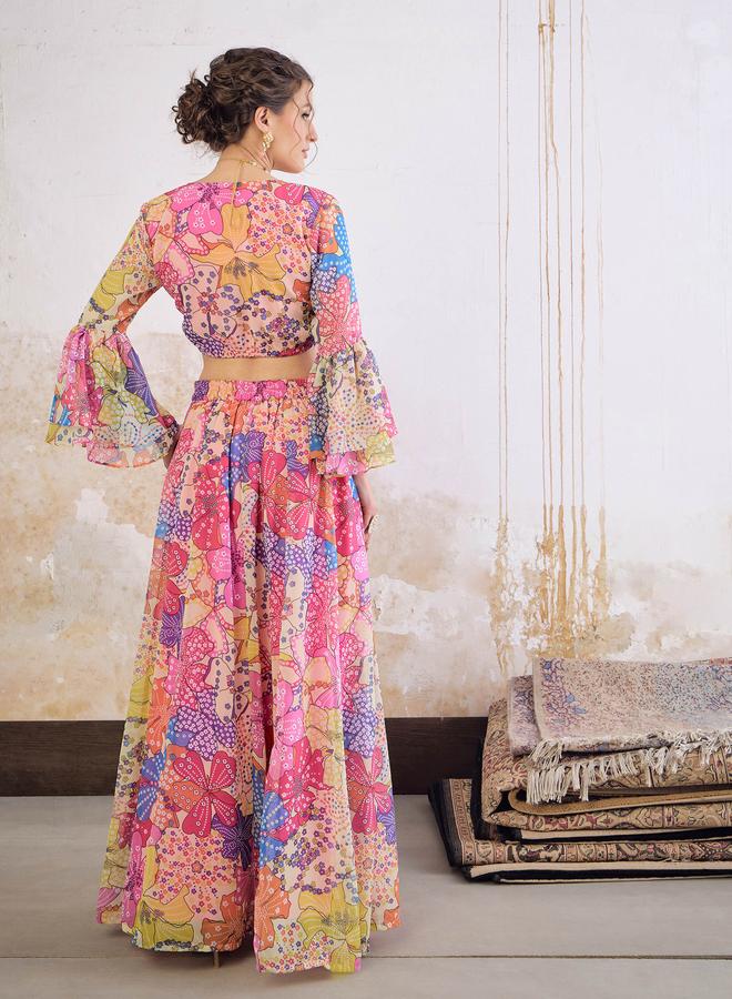 ساسافراس بلوزة قصيرة بأكمام مكشكشة وزهور وردية مع تنورة أناركالي - Image 5