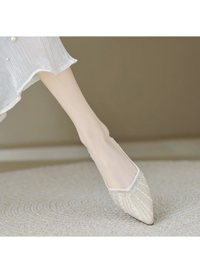 Dme Spring Elegant Pointed Soft Sole Low-cut Women's Flats Pearl Shimmer Dress Shoes Wedding Shoes - Image 2