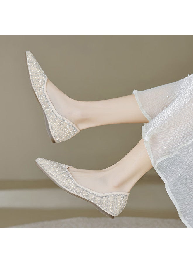 Dme Spring Elegant Pointed Soft Sole Low-cut Women's Flats Pearl Shimmer Dress Shoes Wedding Shoes - Image 3