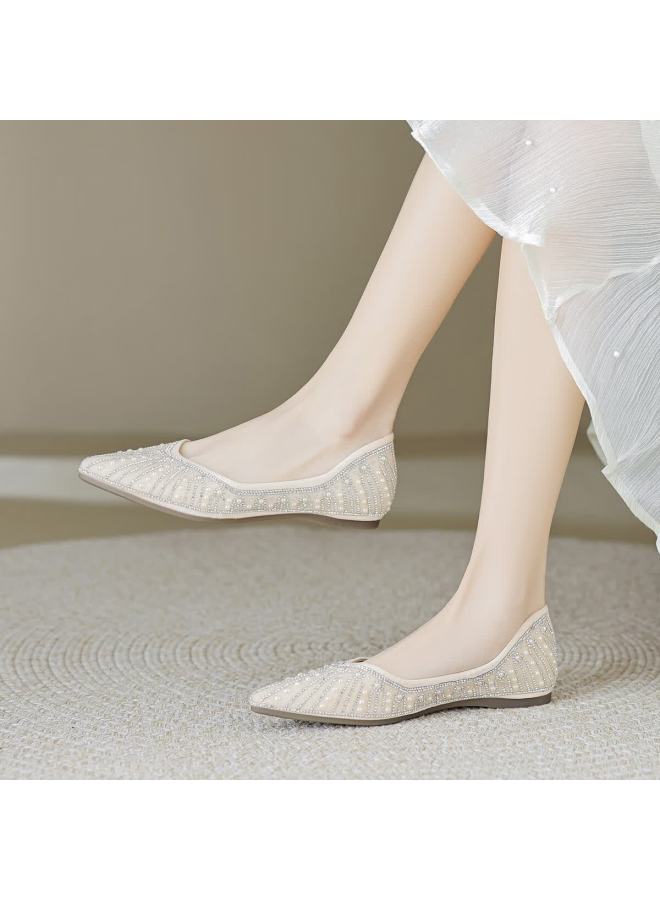 Dme Spring Elegant Pointed Soft Sole Low-cut Women's Flats Pearl Shimmer Dress Shoes Wedding Shoes - Image 1