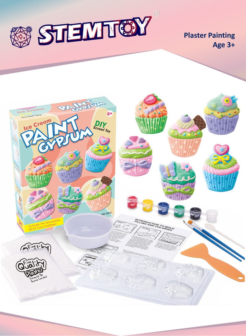 STEMTOY DIY Plaster Cupcake Painting Set with 6 Paint Colors, Molds, and Brush, Creative Arts & Crafts Mould & Paint Paint Gypsum Kit for Kids, Includes Magnetic Stickers for Refrigerator Magnets, Color Focus Development, Toy Birthday Gift for Kids Girls 3+ - Image 1