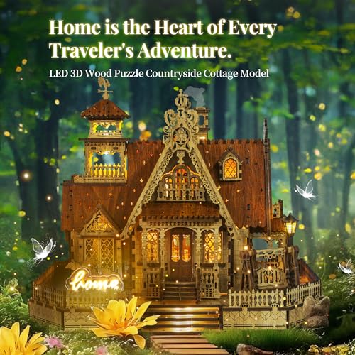 FUNPOLA 3D Wood Puzzle Countryside Cottage Model DIY Miniature Building Kit with Spark LED Lights Craft Rural Architecture Home Dcor Gift for Adults - Image 5