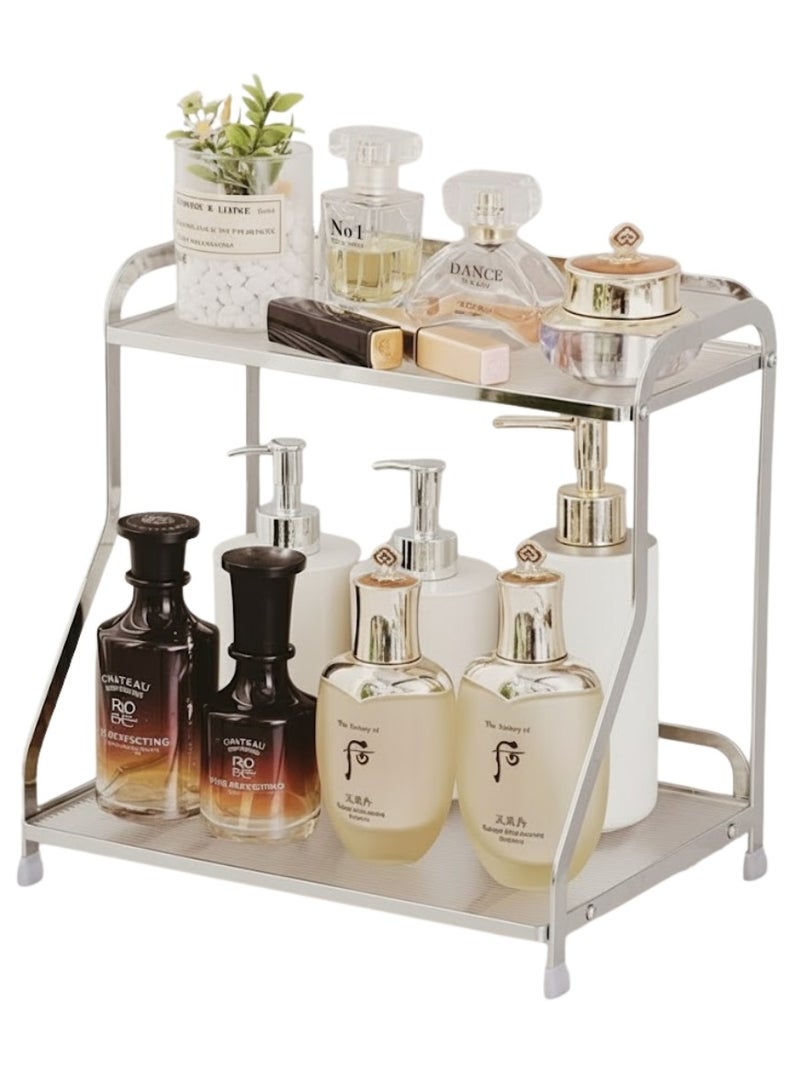 طلال منظم حمام لعرض مستحضرات التجميل، صينية عطور إبداعية مكونة من طبقتين لطاولة الزينة والمكياج وغرفة المعيشة - فضي - Image 1