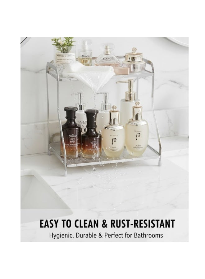 طلال منظم حمام لعرض مستحضرات التجميل، صينية عطور إبداعية مكونة من طبقتين لطاولة الزينة والمكياج وغرفة المعيشة - فضي - Image 3