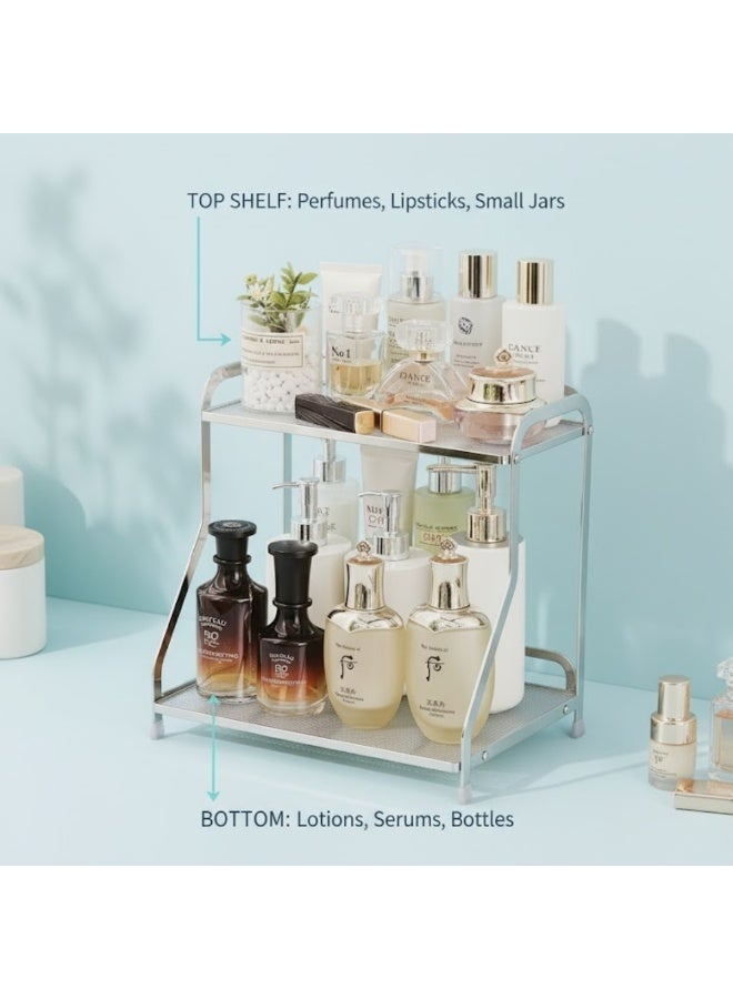 طلال منظم حمام لعرض مستحضرات التجميل، صينية عطور إبداعية مكونة من طبقتين لطاولة الزينة والمكياج وغرفة المعيشة - فضي - Image 5