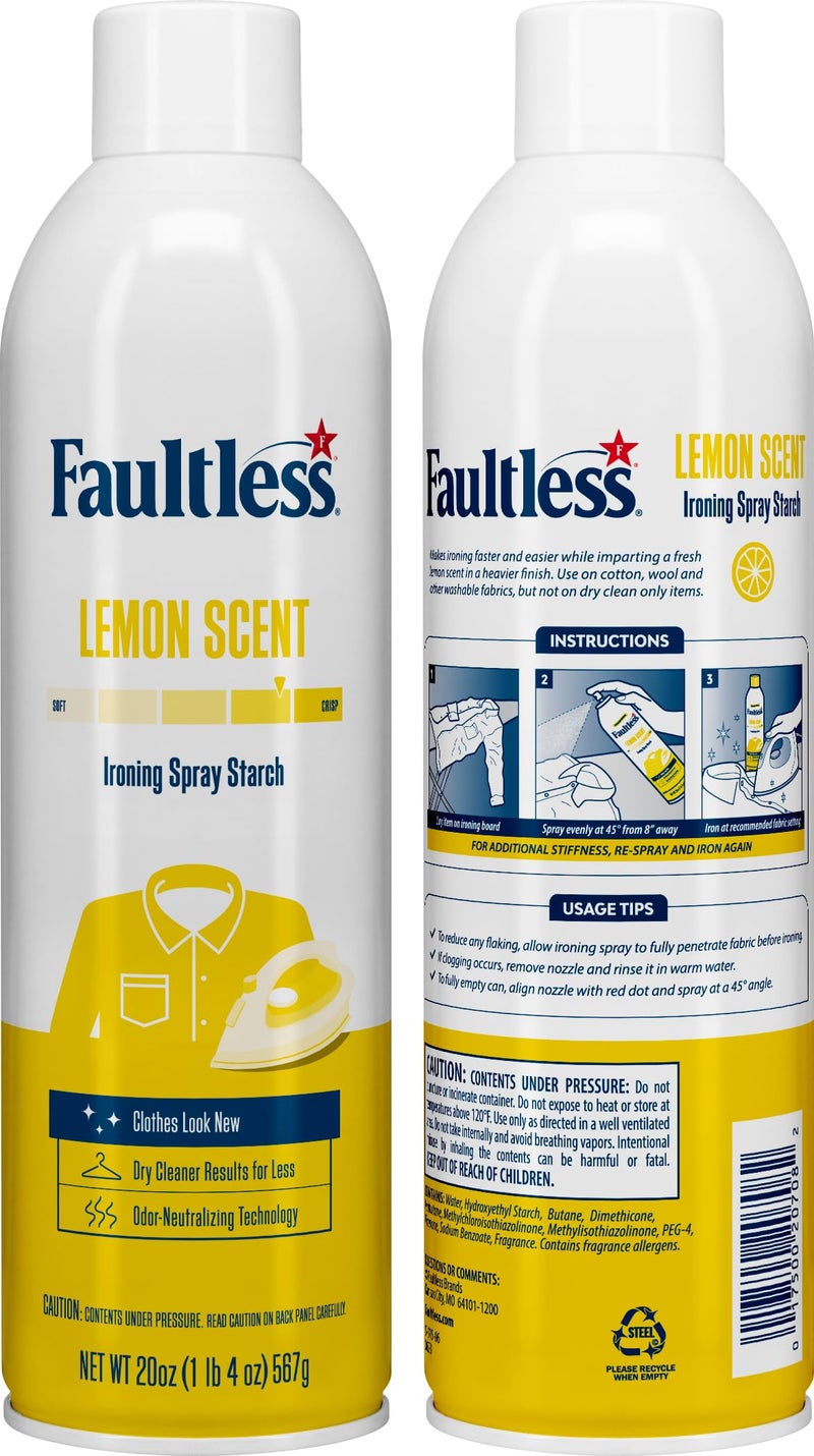 Faultless Lemon Laundry Starch - Lemon Scented Spray Starch 20 oz Cans for Smooth Iron Glide on Clothes & Fabric - Easy Iron Glide, No Residue (Pack of 3) - Image 2