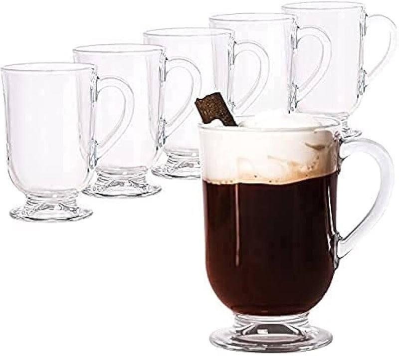 WRINGO 300 ML Coffee Mugs Footed with Handle and Colored Glass Straws Tea Cup Drinkware for Beer,Juice,Beverages,Glass Cappuccino Mugs, Clear Glass Latte Cups (Cappuccino Coffee Mug 300 ML, 6) - Image 1